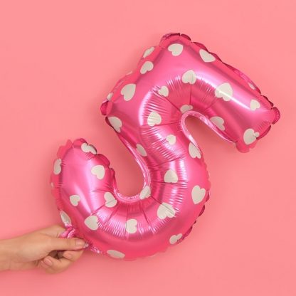Folien Ballon Ziffer 5 40cm Pink mit Herzen