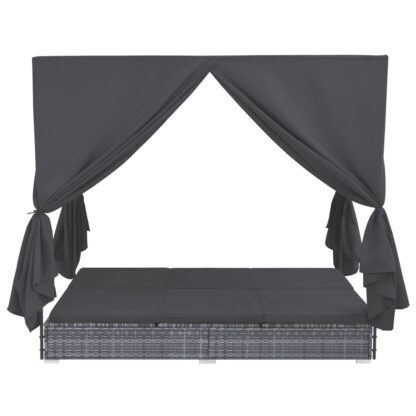 Outdoor-Lounge-Bett mit Vorhängen Poly Rattan Grau - Image 2