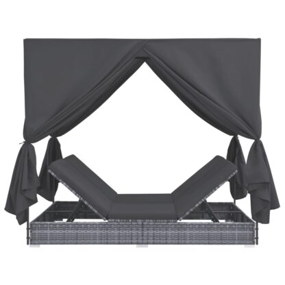 Outdoor-Lounge-Bett mit Vorhängen Poly Rattan Grau - Image 3