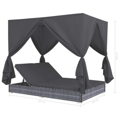 Outdoor-Lounge-Bett mit Vorhängen Poly Rattan Grau - Image 7