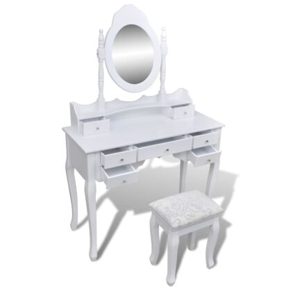 Schminktisch mit Spiegel und Hocker 7 Schubladen Weiß - Image 4