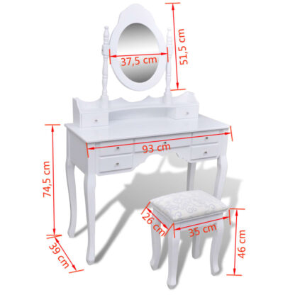 Schminktisch mit Spiegel und Hocker 7 Schubladen Weiß - Image 10
