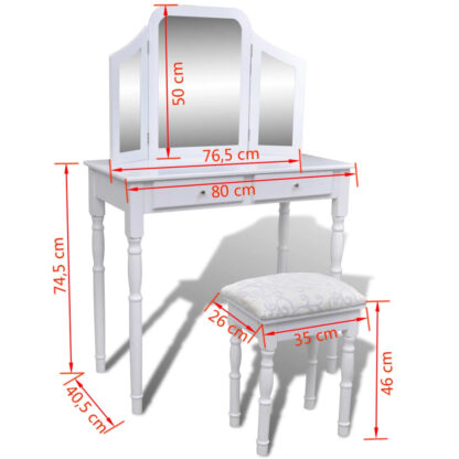 Schminktisch mit 3-in-1 Spiegel und Hocker 2 Schubladen Weiß - Image 9