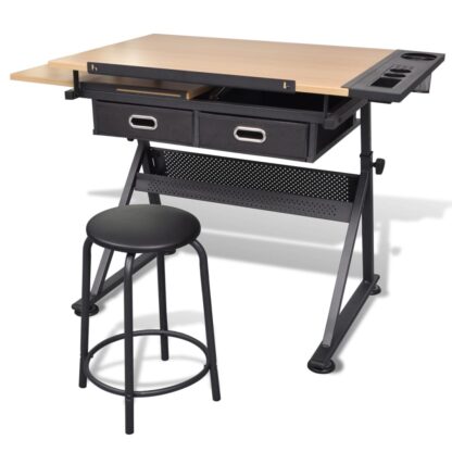 Zeichentisch mit neigbarer Tischplatte 2 Schubladen und Hocker - Image 4
