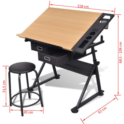 Zeichentisch mit neigbarer Tischplatte 2 Schubladen und Hocker - Image 8