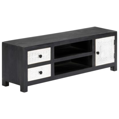 TV-Schrank Handgeschnitzt Grau Weiß Massivholz Mango - Image 2