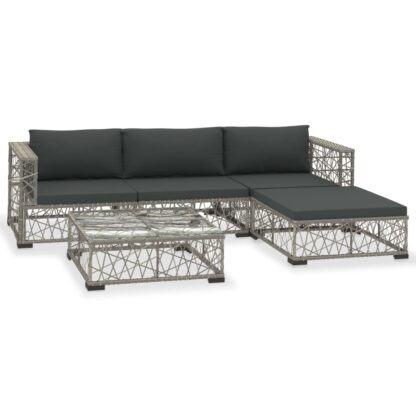 5-tlg. Garten-Lounge-Set mit Auflagen Poly Rattan Grau - Image 2