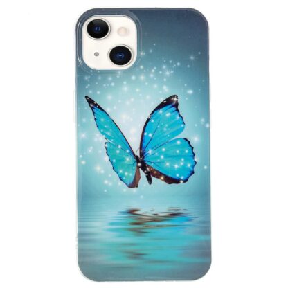 iPhone 15 Leuchtende Glow Gummi Schutzhülle Blauer Schmetterling