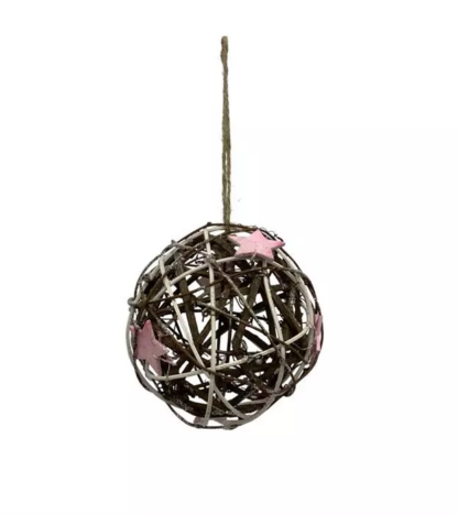 Deko Kugel aus Holz D:14cm  mit rosa Sternen dekoriert  und Kordel zum Hängen [4 Stk.]