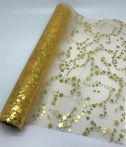 Dekostoff "Organza" - gold + goldene Sterne,  Design: Sternenwirbel,  Masse: 36cm x 300cm [6 Stk.]