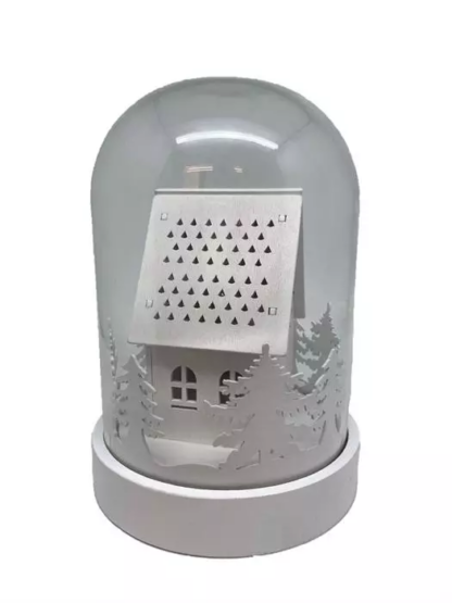 LED Glasglocke mit 3LED  auf weissem Holz Sockel  Haus im Wald  warm weisses Licht [6 Stk.] - Image 2