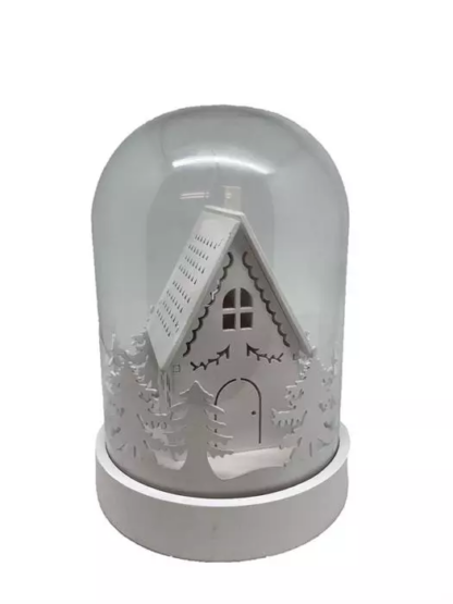 LED Glasglocke mit 3LED  auf weissem Holz Sockel  Haus im Wald  warm weisses Licht [6 Stk.] - Image 3