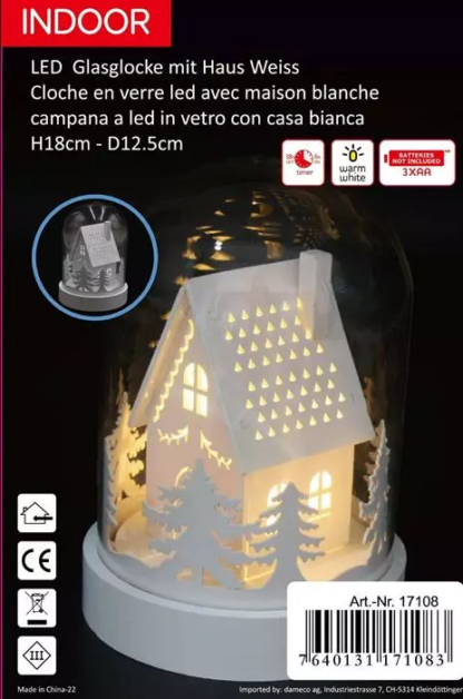 LED Glasglocke mit 3LED  auf weissem Holz Sockel  Haus im Wald  warm weisses Licht [6 Stk.] - Image 4