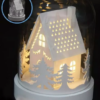 LED Glasglocke mit 3LED  auf weissem Holz Sockel  Haus im Wald  warm weisses Licht [6 Stk.]