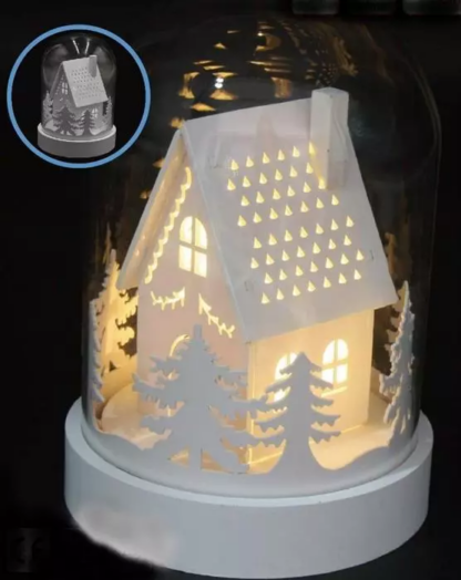 LED Glasglocke mit 3LED  auf weissem Holz Sockel  Haus im Wald  warm weisses Licht [6 Stk.]