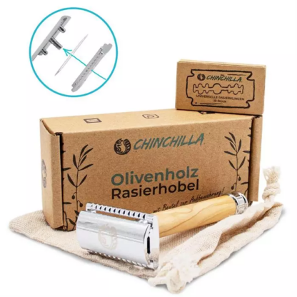 Rasierhobel aus  100% Olivenholz und  Metall inkl. Jutebeutel  zur Aufbewahrung [4 Stk.]