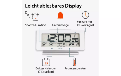 ADE Funkwecker mit Temperatur und Datumsanzeige, Weiss - Image 4