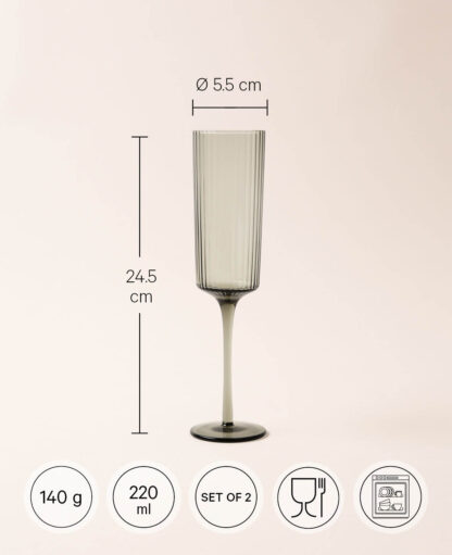 2er Set Prosecco Gläser “Oskar”, aus grauem Glas mit Rillenstruktur, Ø 5.5 cm, 220 ml - Image 3