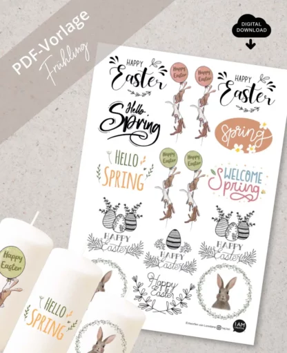 PDF-Vorlage zum Download für Wasserschiebefolien, Motive für Frühling und Ostern, Kerzentattoos zum Ausdrucken, Kerzen Dekorieren, Kerzensticker