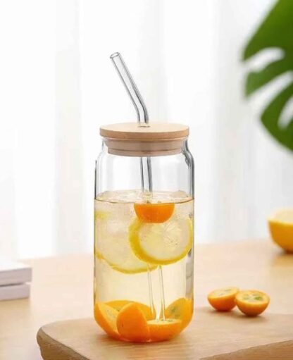 Trinkglas Cocktail Cup Becher mit Bambus Deckel + Glas Strohhalm, 540ml - Image 2