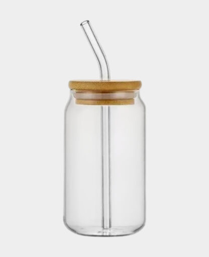 Trinkglas Cocktail Cup Becher mit Bambus Deckel + Glas Strohhalm, 540ml