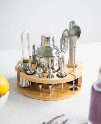 Edelstahl Cocktail / Bar Set mit Shaker inkl. Bambus Halterung / 350ml Silber, 12-teilig - Image 2