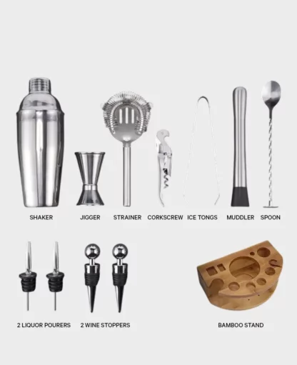 Edelstahl Cocktail / Bar Set mit Shaker inkl. Bambus Halterung / 350ml Silber, 12-teilig - Image 3