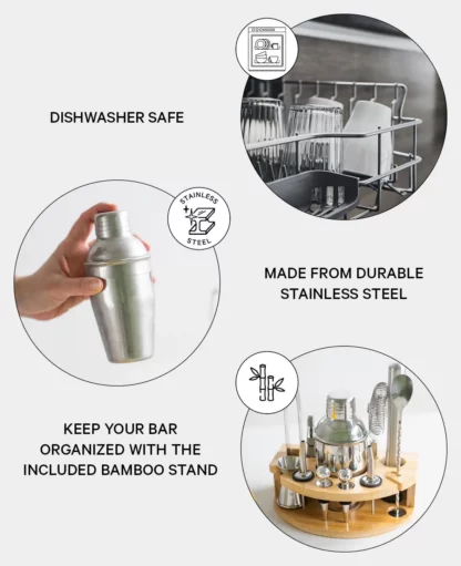 Edelstahl Cocktail / Bar Set mit Shaker inkl. Bambus Halterung / 350ml Silber, 12-teilig - Image 4