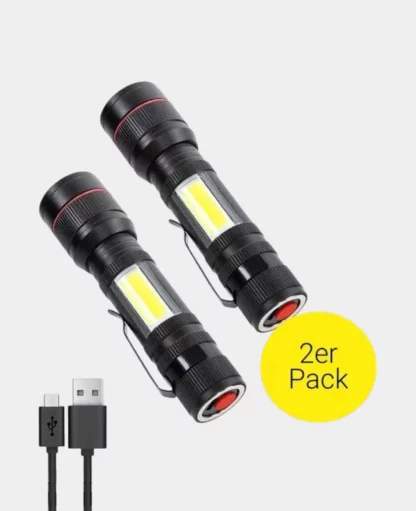 800LM LED Aluminium USB Mini Taschenlampen – Schwarz, 2 Stk.