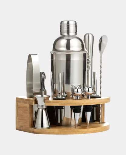 Edelstahl Cocktail / Bar Set mit Shaker inkl. Bambus Halterung / 350ml Silber, 12-teilig