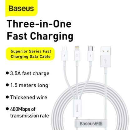 Baseus Kabel Superior Serie 3-in-1 Schnellladekabel Datenkabel USB zu M+L+C 3.5A 1.5m Weiß (CAMLTYS-02) - Image 6