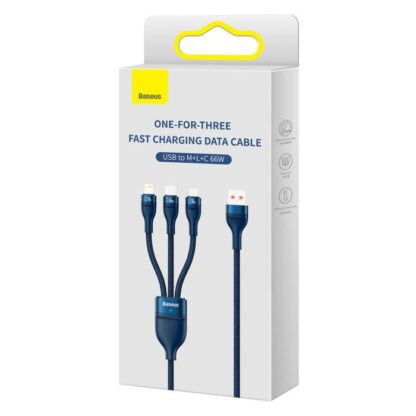 Baseus Universalkabel, Flash Series II 3-in-1 Schnellladekabel (USB-A zu Micro + Lightning + Typ-C) 66W, 480mbps, 1,2m, Blau (CASS040003).