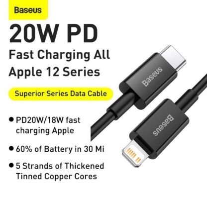 Baseus Type-C - Lightning Superior Series Schnellladedatenkabel PD 20W 1m Schwarz (CATLYS-A01) - Image 10