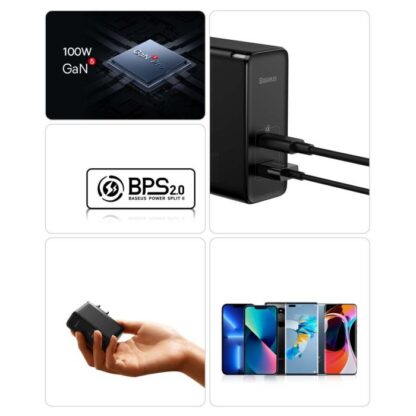 Baseus Reise-Ladegerät GaN5 Pro Schnellladegerät C+U, PD3.0, QC4.0 +, AFC, 100W EU Schwarz (CCGP090201) - Image 6