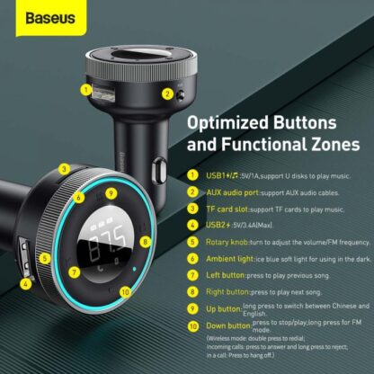 Baseus Kfz-Ladegerät Bluetooth FM Transmitter Car Enjoy mit LED-Anzeige Kabellos U+U+3,5mm Audio+TF MP3 Ladegerät BT 5.0, 3.4A Schwarz (CCLH-01). - Image 19