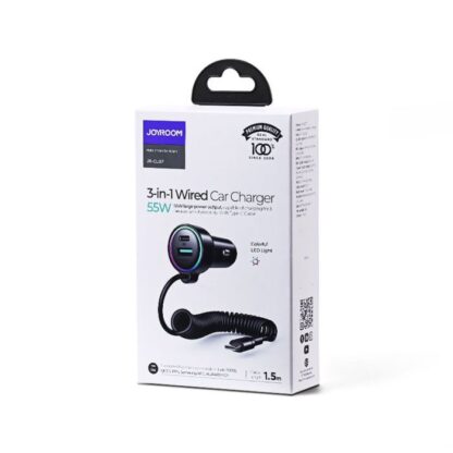 Joyroom Autoladegerät 3-in-1, C+U mit Typ-C Spiralkabel 1,5m, 55W, Schwarz (JR-CL07)
