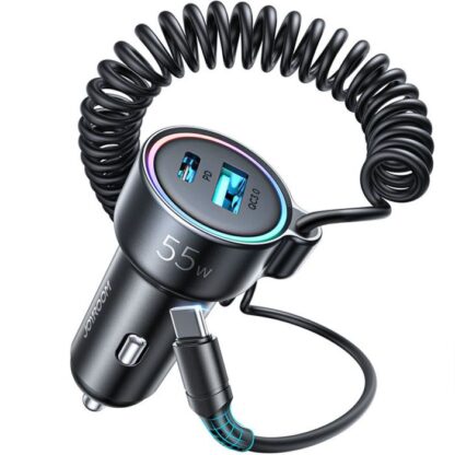 Joyroom Autoladegerät 3-in-1, C+U mit Typ-C Spiralkabel 1,5m, 55W, Schwarz (JR-CL07) - Image 3