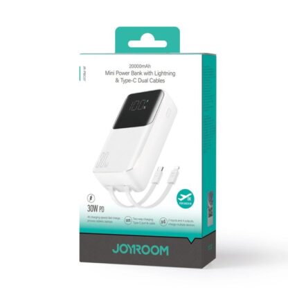 Joyroom Powerbank mit Digitalanzeige, C+U, PD 30W, 20000 mAh mit eingebautem Type-C- und Lightning-Kabel, Weiß (JR-PBC07)