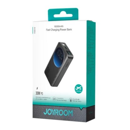 Joyroom Powerbank mit Digitalanzeige, C+U+U, PD 30W, 10000 mAh mit USB-A zu Typ-C Kabel (0,25m) und integrierter Taschenlampe, Schwarz (JR-PBF01).