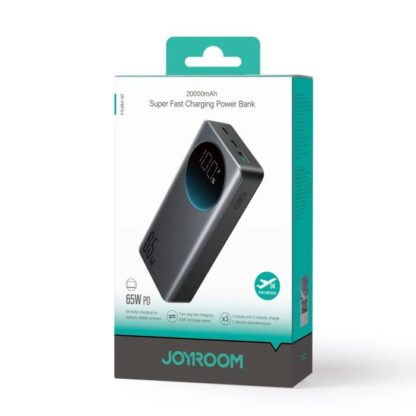 Joyroom Powerbank mit Digitalanzeige, C+C+U, PD 65W, 20000 mAh mit Typ-C zu Typ-C Kabel (1,20m) Schwarz (JR-PBF04).