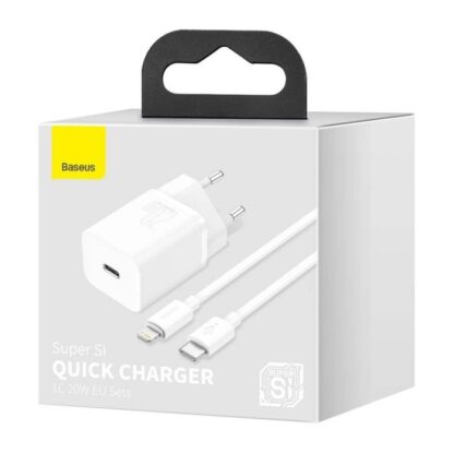 Baseus Reiseladegerät-Set Super Si 1C QC (mit Simple Wisdom Kabel Typ-C zu Lightning 1m) 20W EU Weiß (TZCCSUP-B02)
