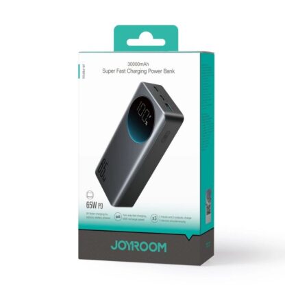 Joyroom Powerbank mit Digitalanzeige, C+C+U, PD 65W, 30000 mAh mit Typ-C-auf-Typ-C-Kabel (1,20m) Schwarz (JR-PBF04).