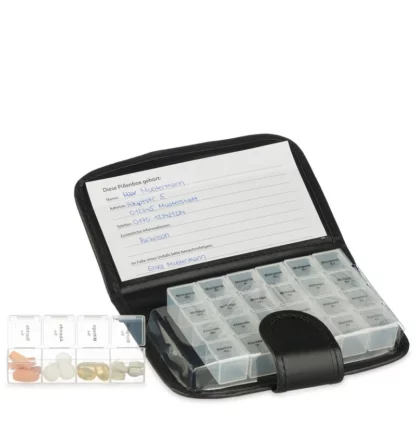 Tablettenbox PILLENBOX MIT ETUI Pillendose Wochenbox 7 Tage 4 Fächer – Medikamentenorganizer für eine Woche