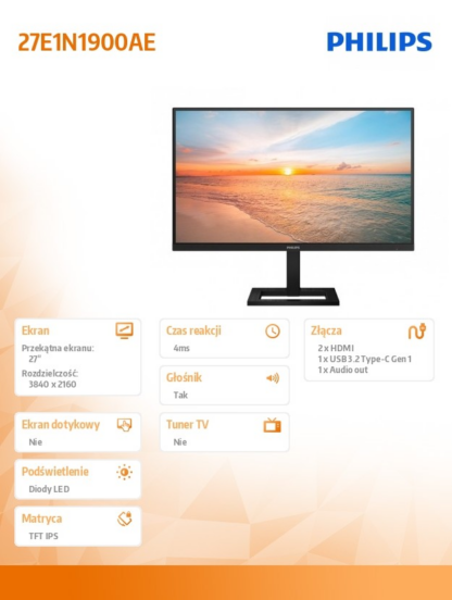 Monitor 27E1N1900AE 27 Zoll IPS 4K HDMIx2 USB-C HAS Lautsprecher - Image 9