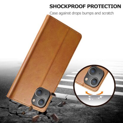 iPhone 14 / 13 Leder Buch Etui Tasche mit Kartenfach Hellbraun - Image 5